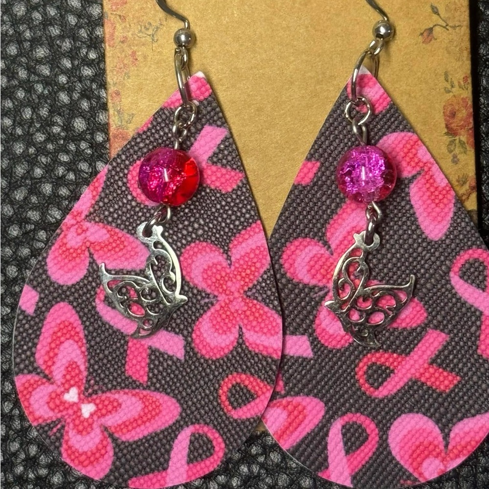 Handmade pink ribbon faux leather earrings